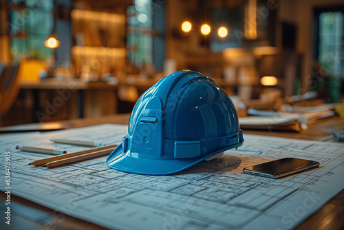 A blue construction helmet sits atop architectural drawings, symbolizing the professional aspect of architecture and design.
 
