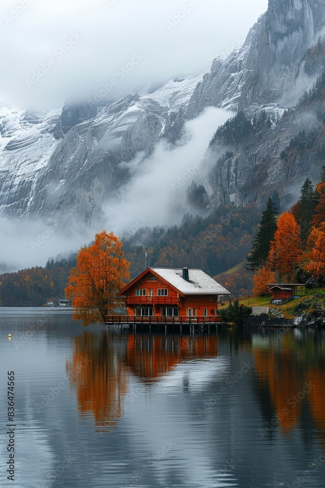 Fototapeta premium A tranquil autumn lake scene with a cozy wooden cabin surrounded by vibrant fall foliage, reflecting in calm waters, with majestic snow-capped mountains in the background