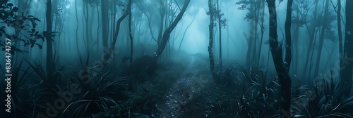 eerie foggy pathway through dark forest, with a lone tree standing tall in the foreground