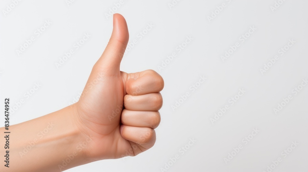  Asian woman's hand with neatly manicured nails giving a playful thumbs up against  white background 