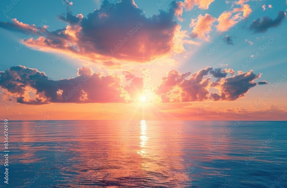 Beautiful sunset over the sea with sun and clouds in sky. summer landscape.