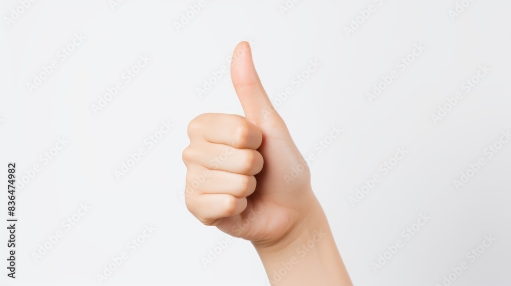 Asian woman's hand with neatly manicured nails giving a playful thumbs up against white background Asian woman's hand with neatly manicured nails giving a playful thumbs up against white background