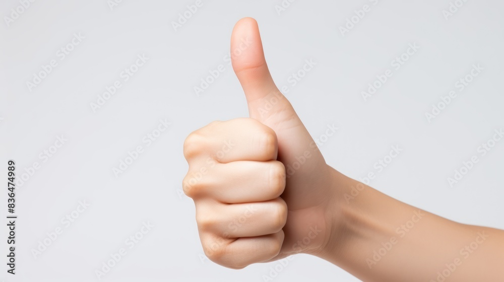 an Asian woman's hand with neatly manicured nails giving a playful thumbs up an Asian woman's hand with neatly manicured nails giving a playful thumbs up