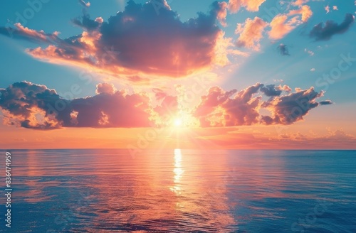 Beautiful sunset over the sea with sun and clouds in sky. summer landscape.