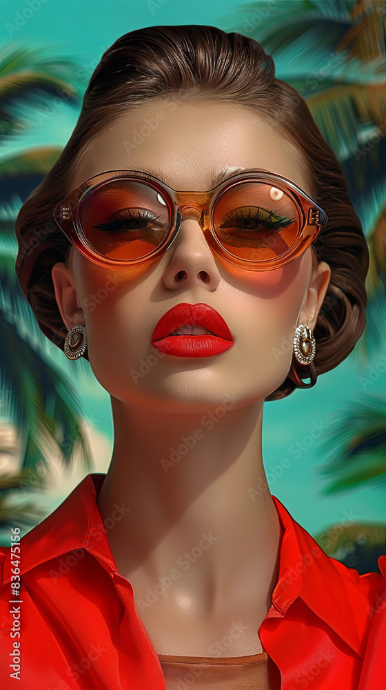 Obraz premium Retro style pastel colors summer background. Fashion woman wearing big sunglasses.