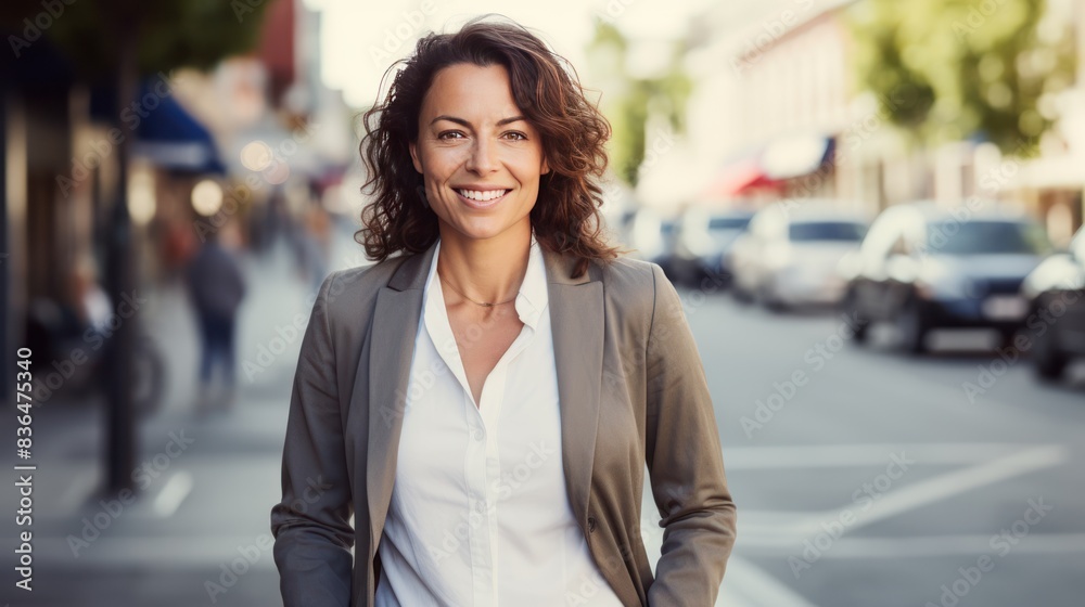 a charismatic businesswoman smiling warmly a charismatic businesswoman smiling warmly
