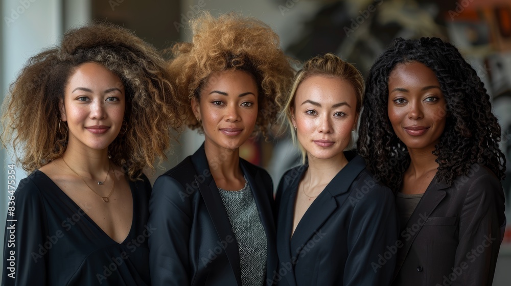 Four confident and diverse professional women standing together in a modern office setting, exemplifying teamwork and corporate success Four confident and diverse professional women standing together in a modern office setting, exemplifying teamwork and corporate success