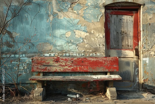 An old, weathered bench sits in front of a dilapidated building with peeling paint and a decayed wooden door, evoking a sense of rustic abandonment photo