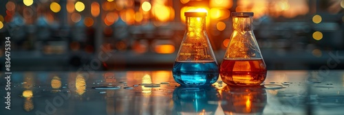 Two conical laboratory flasks filled with blue and orange liquids reflecting ambient light on a wet surface in a science laboratory setting at sunset photo