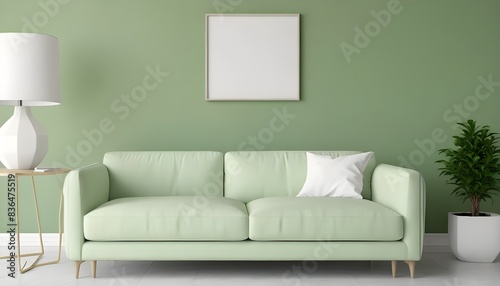 Modern room light green color sofa, wall and blank mockup frame on the wall. Generative AI