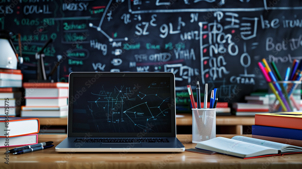 books and a laptop computer on desk, background is blackboard in school books and a laptop computer on desk, background is blackboard in school