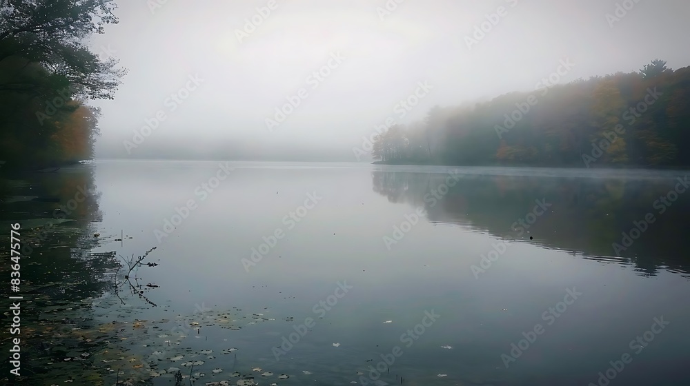 foggy morning on tranquil lake with mist rising from the water, framed by tall green trees and a gray sky foggy morning on tranquil lake with mist rising from the water, framed by tall green trees and a gray sky