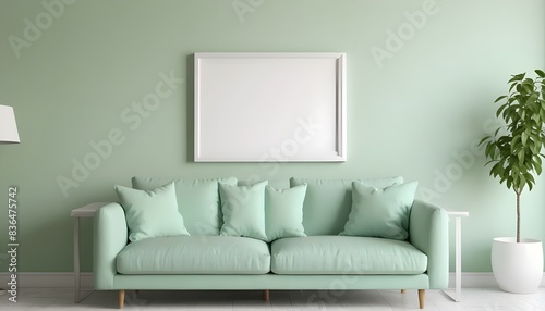 Modern room light green color sofa, wall and blank mockup frame on the wall. Generative AI