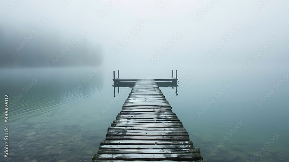 foggy morning on tranquil lake with pier and dock under gray and blue sky foggy morning on tranquil lake with pier and dock under gray and blue sky