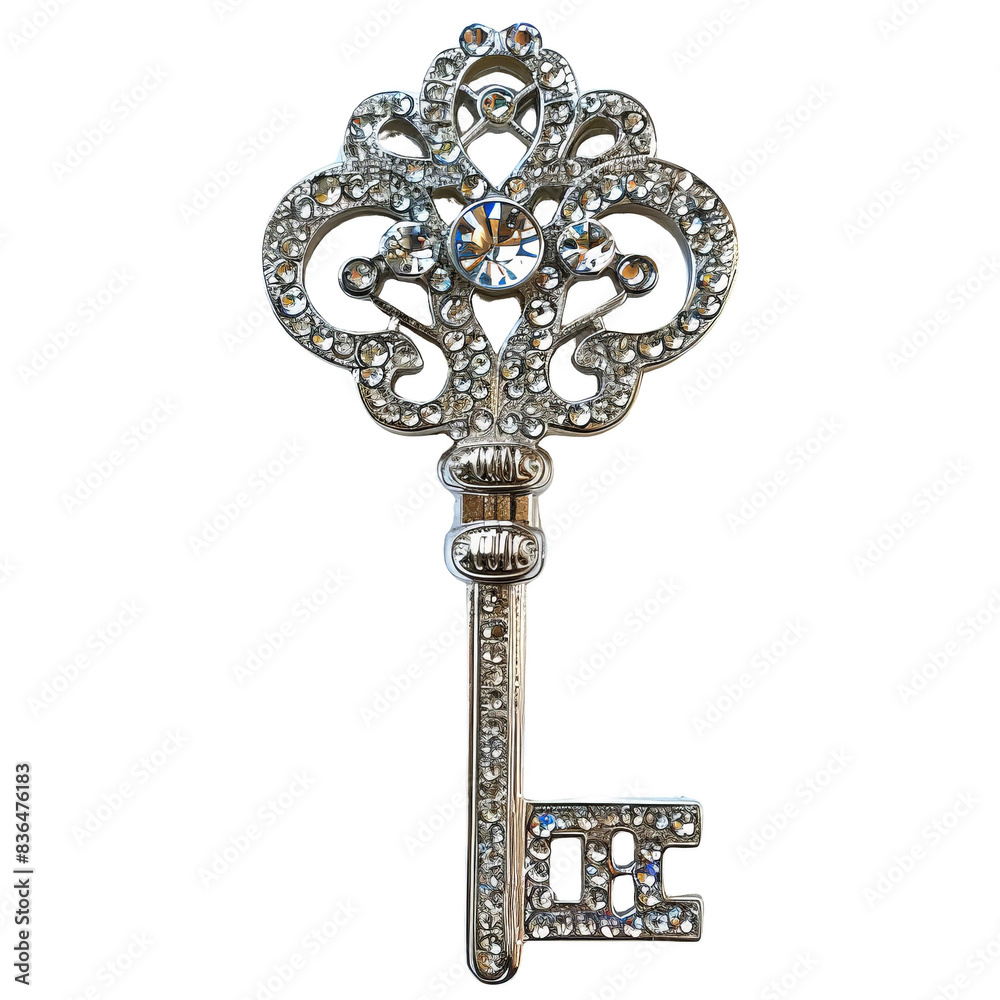 A ornate silver key encrusted with sparkling diamonds. The key is a symbol of opportunity, success and new beginnings. A ornate silver key encrusted with sparkling diamonds. The key is a symbol of opportunity, success and new beginnings.