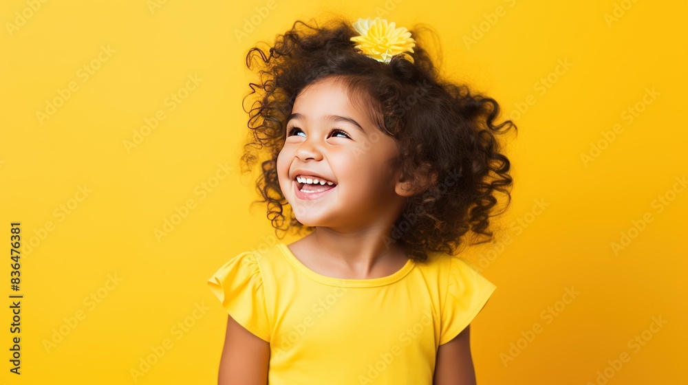 a joyful little girl with a radiant smile  a vibrant yellow background 