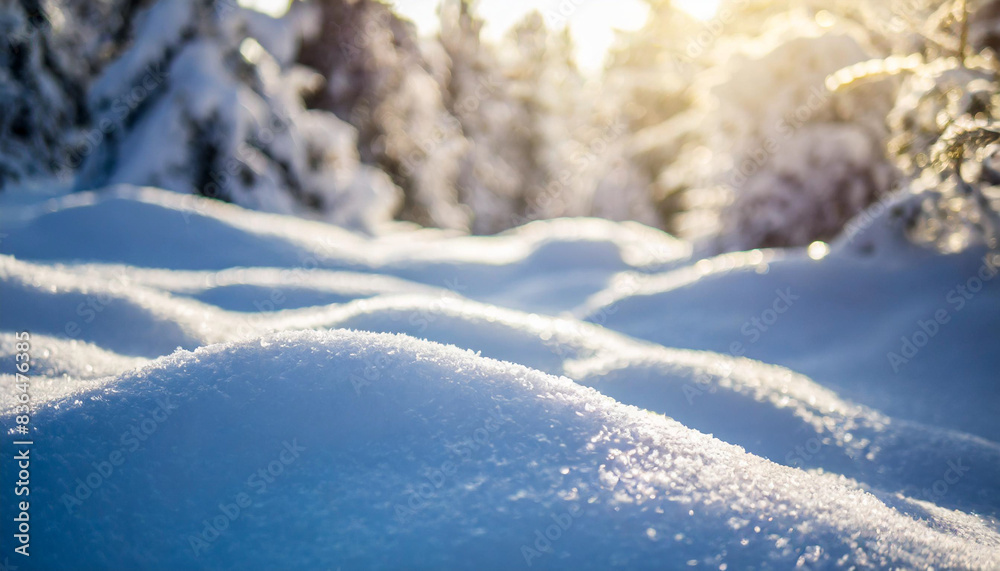 Fototapeta premium winter landscape featuring a blanket of pure, fluffy snow with a soft bluish tint, creating a tranquil and pristine atmosphere that epitomizes the calm and beauty of the winter season
