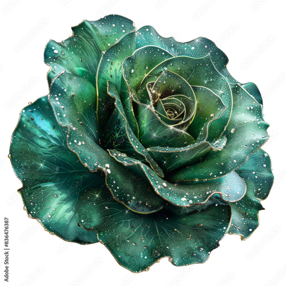 Fototapeta premium A single, teal rose with shimmering petals, isolated on a black background.