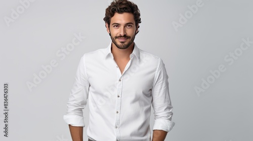 a handsome young teacher with both hands in his jeans pockets, a white background  photo