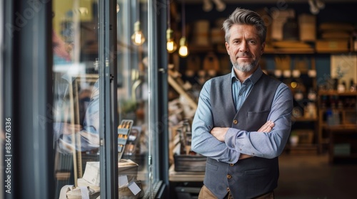  - Confident businessman standing proudly in his storefront., A professional businessman poses in front of his shop window.