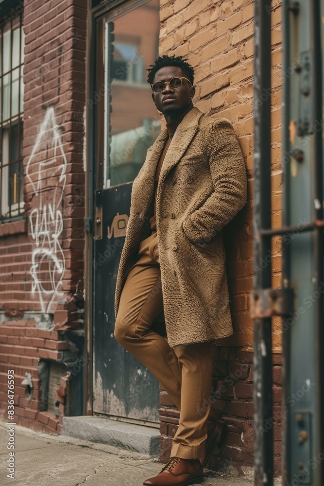 Fototapeta premium A fashionable young man with stylish glasses and a textured coat stands confidently in an urban alleyway
