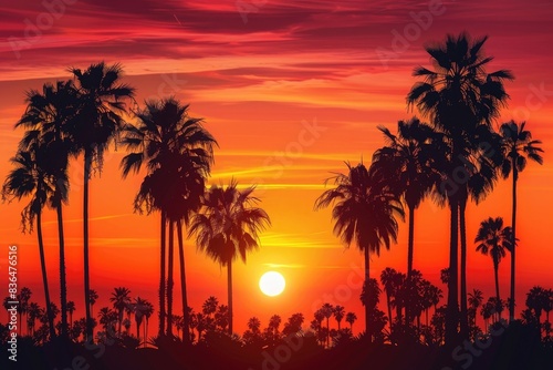 Black silhouettes of palm trees against the background sunset orange sky with clouds. Beautiful tropical landscape. Silhouettes of high coconut palms on red background.