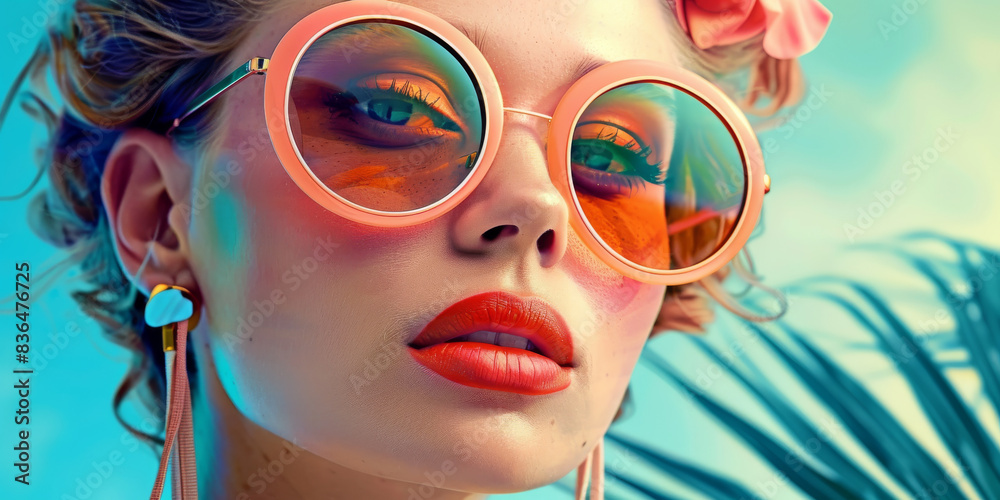 Retro style pastel colors summer background. Fashion woman wearing big sunglasses. Retro style pastel colors summer background. Fashion woman wearing big sunglasses.