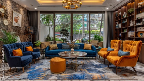 A stunning modern living room with blue and orange accent chairs  lush indoor plants  large windows  and a well-lit  inviting atmosphere designed for comfort and elegance