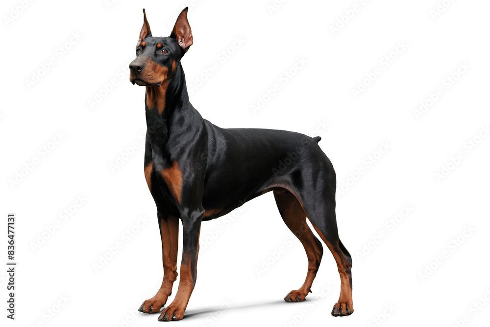A striking portrait of a black Doberman Pinscher dog posed against a transparent, white background in png format, highlighting its alert expression A striking portrait of a black Doberman Pinscher dog posed against a transparent, white background in png format, highlighting its alert expression
