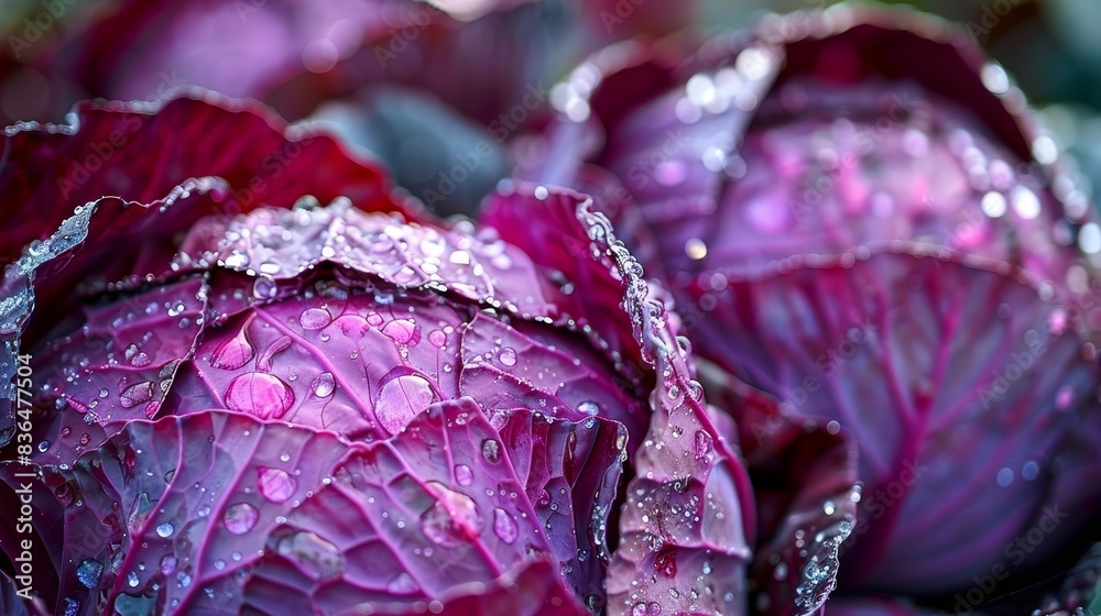 Obraz premium - Crisp 4K UHD image of a red cabbage in focus., Close-up of a red cabbage glistening with water droplets.
