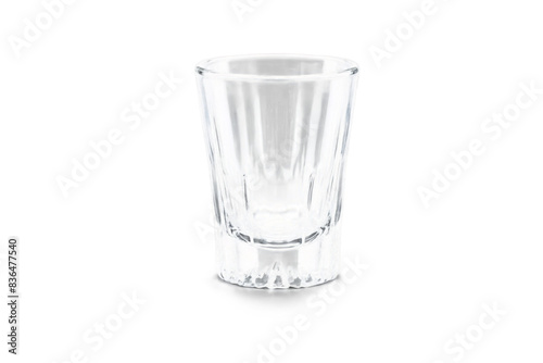 Transparent clear shot glass isolated with a white background, png, rendering for product mockup