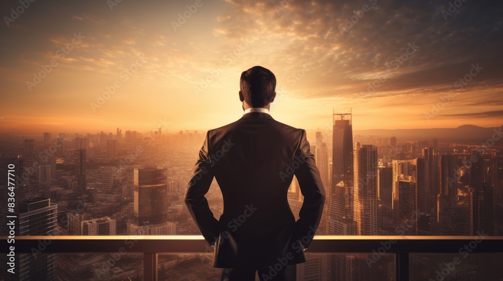 a successful businessman, his silhouette backlit by a warm sunset, gazing out over a cityscape a successful businessman, his silhouette backlit by a warm sunset, gazing out over a cityscape