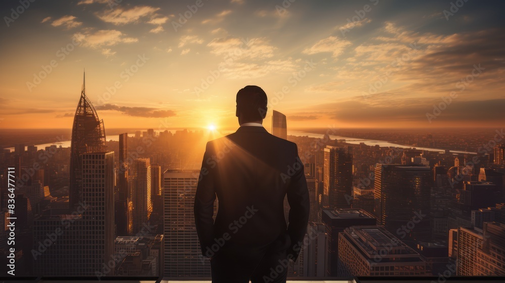 Fototapeta premium a successful businessman, his silhouette backlit by a warm sunset, gazing out over a cityscape 