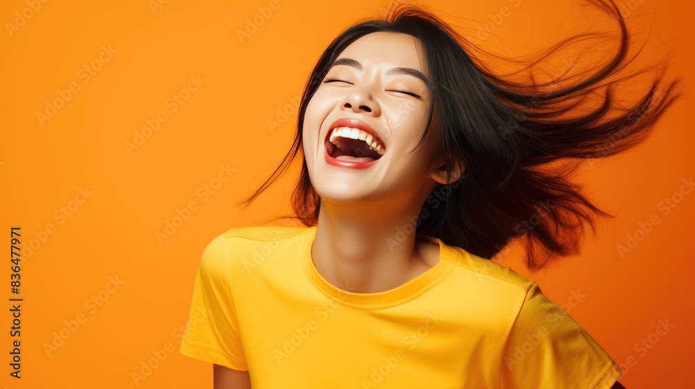 a young Asian woman orange background, a young Asian woman orange background,