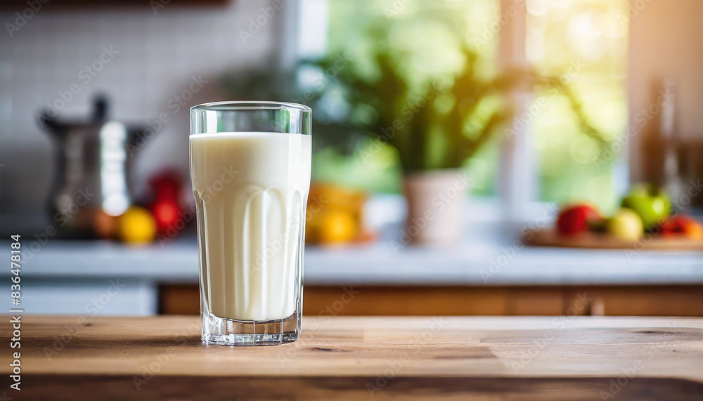 glass of milk sits on a wooden kitchen countertop with a bright, blurred kitchen background, perfect for text. It symbolizes purity, health, and simplicity, evoking homey, nostalgic feelings glass of milk sits on a wooden kitchen countertop with a bright, blurred kitchen background, perfect for text. It symbolizes purity, health, and simplicity, evoking homey, nostalgic feelings