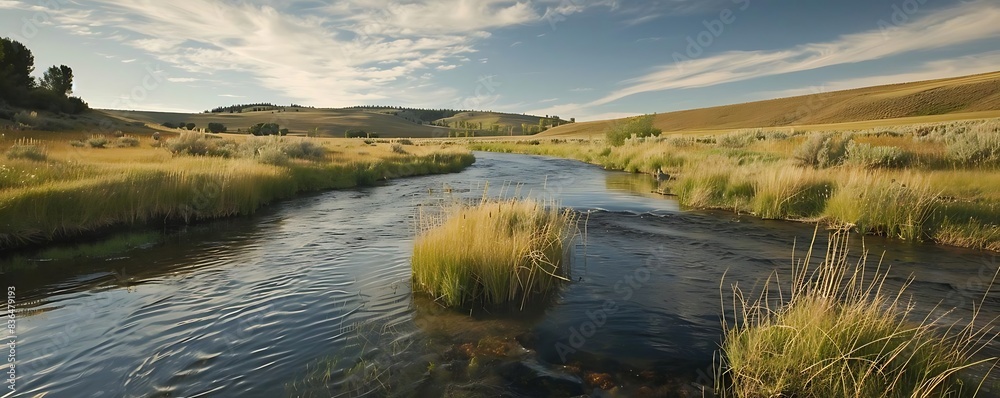 tranquil country river flowing through meadows under a blue sky with a white cloud