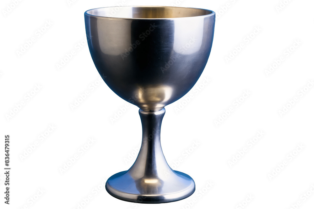 A silver goblet with a reflective surface presented on a transparent white background, suitable for a png image