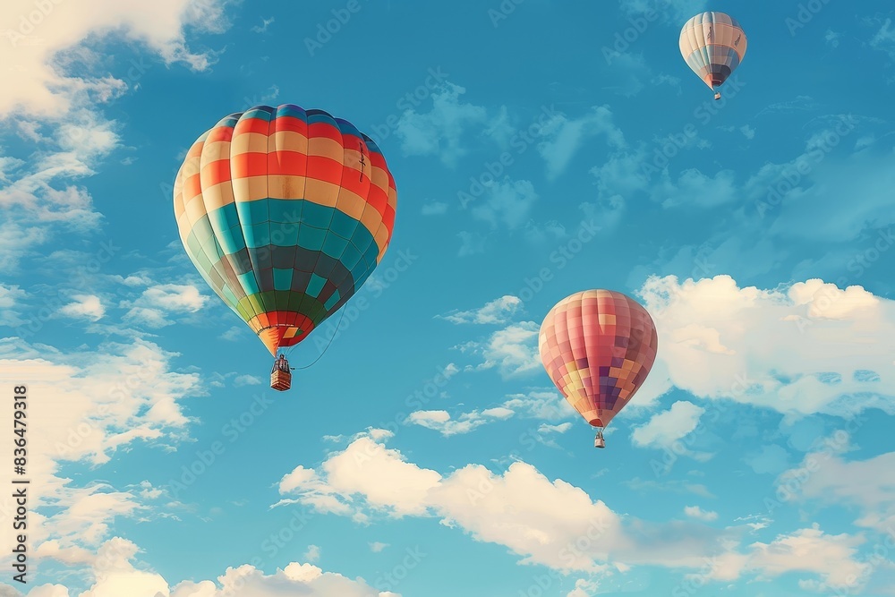 Fototapeta premium Vibrant hot air balloons soar through a cloudless azure sky.