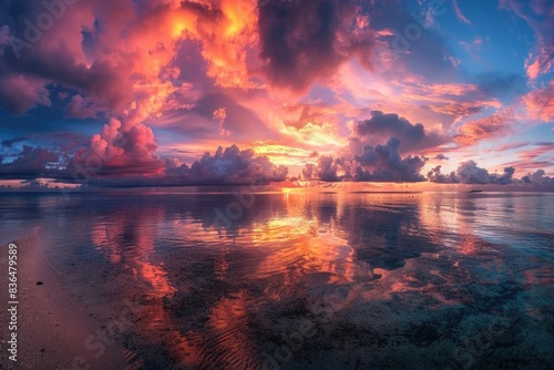 Colorful sunset over the Maldives, vibrant sky with dramatic clouds, reflections on the sea water, sandy beach, peaceful atmosphere, natural beauty of the island, panoramic view.