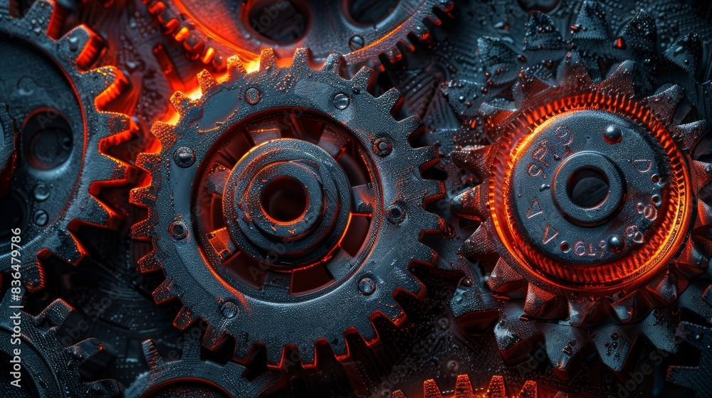 Closeup of interlocking steel cogs in an engine, under vibrant red lighting, showcasing the engineering marvel Closeup of interlocking steel cogs in an engine, under vibrant red lighting, showcasing the engineering marvel