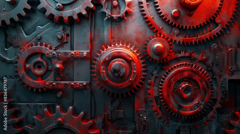 Closeup of interlocking steel cogs in an engine, under vibrant red lighting, showcasing the engineering marvel Closeup of interlocking steel cogs in an engine, under vibrant red lighting, showcasing the engineering marvel