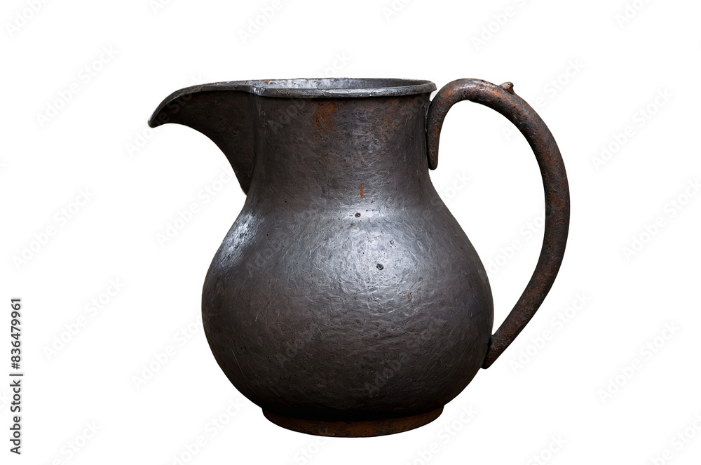 An antique metal pitcher with a rustic appearance isolated on a transparent, white background in png format, illustrating historical kitchenware An antique metal pitcher with a rustic appearance isolated on a transparent, white background in png format, illustrating historical kitchenware