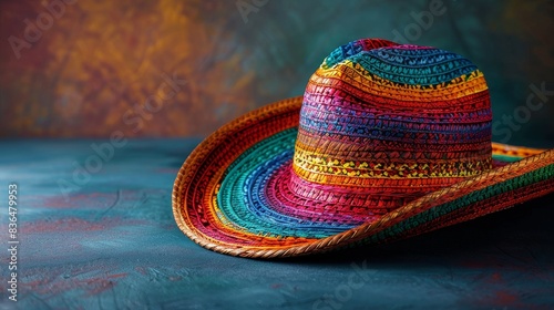 Brightly colored Mexican Sombrero hat, close-up, set against a dark, empty background with professional studio lighting