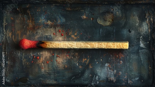 Burnt matchstick atop a distressed, aged matchbox, rendered in a digital painting that emphasizes ephemeral moments