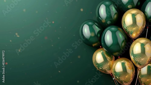 Deep green and gold balloons with deep green background and confetti video for birthday card, greeting card, celebration.