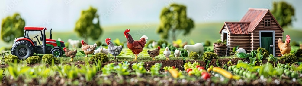 Miniature farm scene with a tractor, chickens, and a barn in a rural setting. Vegetables growing in the foreground, trees in the background. Miniature farm scene with a tractor, chickens, and a barn in a rural setting. Vegetables growing in the foreground, trees in the background.