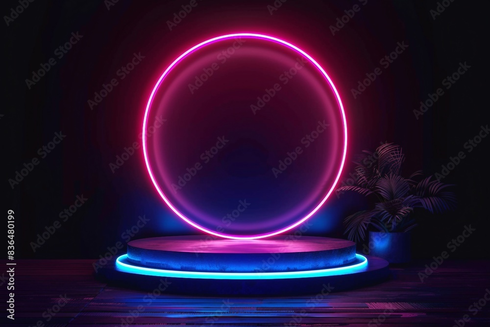Empty podium with line gradient neon ring on background. 3d render. illustration with abstract scene with pink and blue neon frame. generative ai Empty podium with line gradient neon ring on background. 3d render. illustration with abstract scene with pink and blue neon frame. generative ai