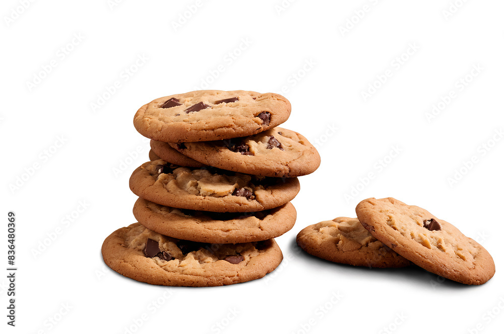 This image shows a tempting stack of chocolate chip cookies in a transparent png format on a white background, ideal for confectionery themes This image shows a tempting stack of chocolate chip cookies in a transparent png format on a white background, ideal for confectionery themes