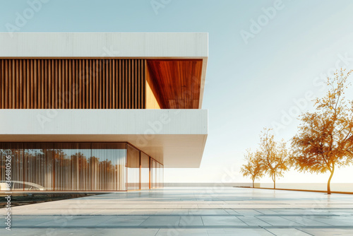 White Building on a blue sky backdrop.Modern concrete architecture.
