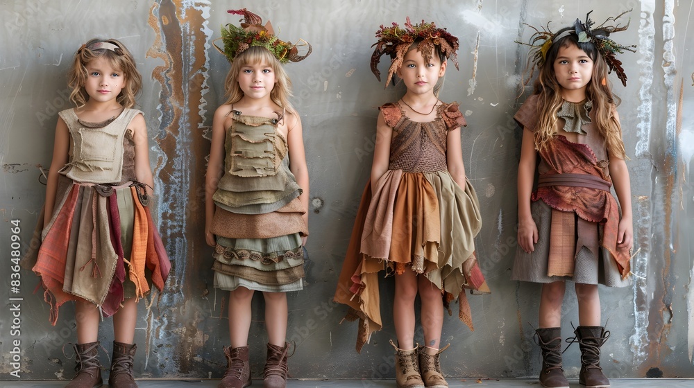 Naklejka premium Joyfully Eco Friendly Children in Vibrant Handcrafted Costumes
